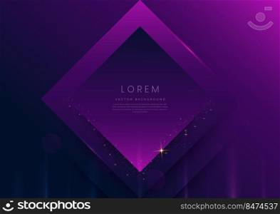 3D square frame on purple and dark blue background with lighting effect and sparkling with copy space for text. Luxury design style. Vector illustration