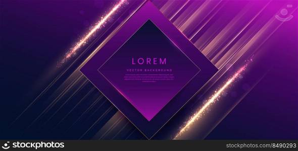 3D square frame on purple and dark blue background with lighting effect and sparkling with copy space for text. Luxury design style. Vector illustration