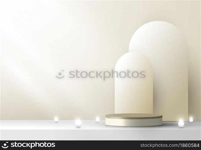 3D stage beige color podium pedestal and rounded backdrop with neon light minimal scene. You can use for product display. Vector illustration