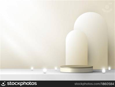3D stage beige color podium pedestal and rounded backdrop with neon light minimal scene. You can use for product display. Vector illustration