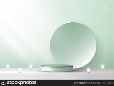 3D stage green podium pedestal and circle backdrop with neon light minimal scene. You can use for product display. Vector illustration