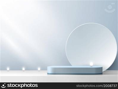 3D stage layered white and blue podium pedestal with circle backdrop and neon light minimal scene. You can use for product display. Vector illustration