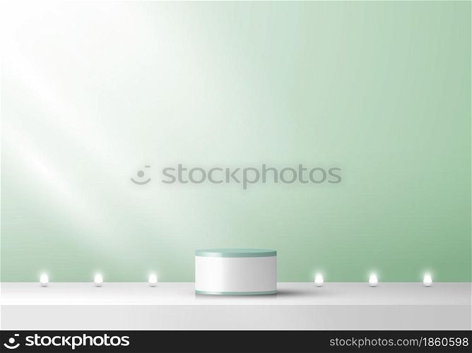 3D stage layered white and green podium pedestal green mint color backdrop with neon light minimal scene. You can use for product display. Vector illustration