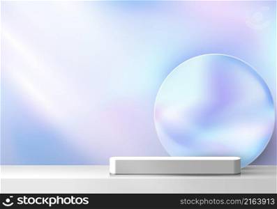 3D stage layered white podium pedestal with circle holographic color backdrop and light minimal scene. You can use for product display. Vector illustration