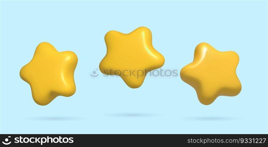 3d stars set in different positions and angles. Minimal cartoon yellow five pointed glossy plastic realistic stars. Vector illustration, achievement or customer rating feedback concept.
