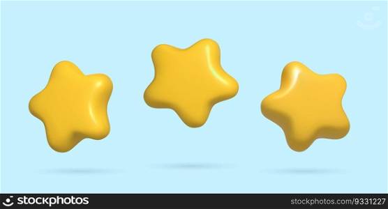 3d stars set in different positions and angles. Minimal cartoon yellow five pointed glossy plastic realistic stars. Vector illustration, achievement or customer rating feedback concept.