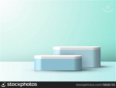 3D studio room display geometric blue pedestal on backdrop minimal scene green mint background. You can use for cosmetic products, showcase, etc. Vector illustration