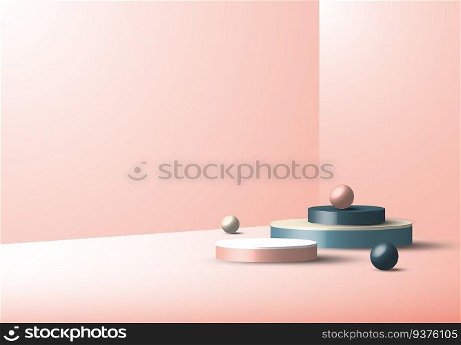 3D studio room showcase display geometric blue cylinder pedestal, round minimal blue scene pink background. You can use for cosmetic products, etc. Vector illustration