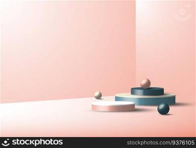 3D studio room showcase display geometric blue cylinder pedestal, round minimal blue scene pink background. You can use for cosmetic products, etc. Vector illustration