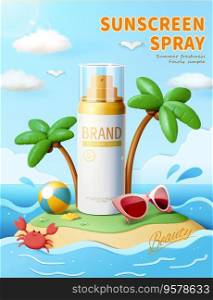 3D Sunscreen ad on isolated island. Sunblock spray on oceanic island with palm trees, beach ball, sunglass and crab on summer daytime.. 3D Sunscreen ad on isolated island
