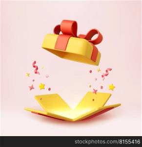 3d Surprise open Gift Box With Falling Confetti. Present box as prize concept. Christmas and New Year s surprise. Present box for birthday. 3d rendering. Vector illustration. 3d Cute Surprise Gift Box With Falling Confetti