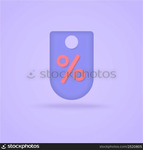 3d tag price on purple pastel background. Shopping online, sale, promotion, discount. Minimal cartoon icon. Vector illustration