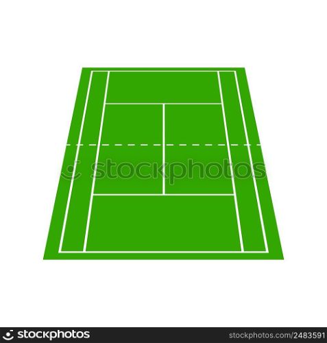 3D tennis court top view. 3D badminton field top view. Graphic square for tennis court. Icon of wimbledon competition. White lines on green background. For sport pitch, plan and stadium. Vector.