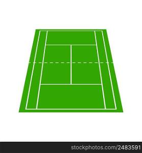 3D tennis court top view. 3D badminton field top view. Graphic square for tennis court. Icon of wimbledon competition. White lines on green background. For sport pitch, plan and stadium. Vector.