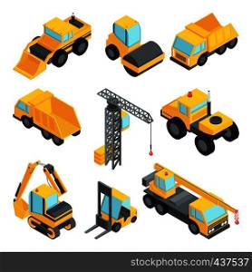 3d transport for construction industry. Vector isometric cars isolate. Industrial equipment machine transportation and construction transport illustration. 3d transport for construction industry. Vector isometric cars isolate