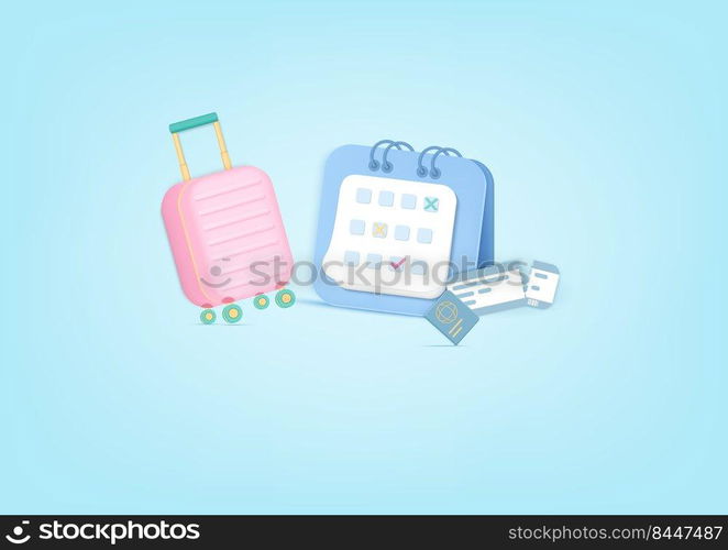 3D trip planning travel concept, travel bag, tourism, passsport, boarding pass ticket, calender. Pastel background. Minimal cartoon icon. Vector illustartion