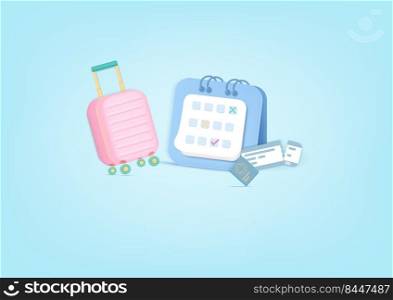 3D trip planning travel concept, travel bag, tourism, passsport, boarding pass ticket, calender. Pastel background. Minimal cartoon icon. Vector illustartion