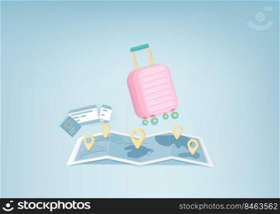 3D trip planning travel concept, travel bag, tourism, passsport, boarding pass ticket, pin map. Pastel background. Minimal cartoon icon. Vector illustartion