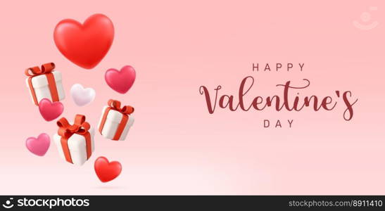 3d Valentine s day design. gift box full of decorative festive object. Holiday banner, web poster, flyer, stylish brochure, greeting card, cover. 3d rendering. Vector illustration. 3d Valentine s day design.