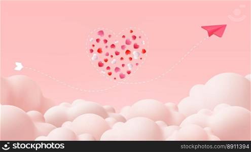 3d valentine’s day greeting card and love concept. Red airplanes flying look like heart shape on clouds. 3d rendering. Vector illustration. 3d valentine’s day greeting card