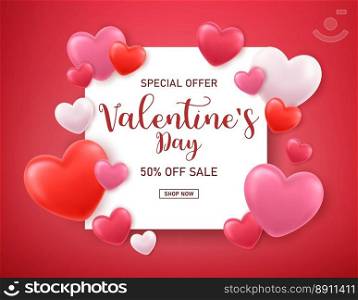 3d Valentines banner template. Valentines day store discount promotion with white space for text and hearts elements in red background. Vector illustration.. 3d Valentines banner template.