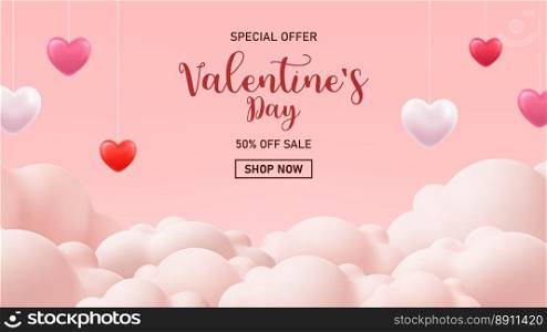 3d Valentines day sale poster with red and pink hearts background. Pink Banner Party Invitation Template. Vector illustration. 3d Valentines day sale poster with red and pink hearts background