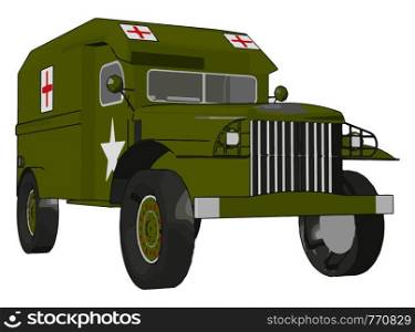 3D vector illustration of a green medical military vehicle on a white background