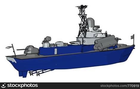 3D vector illustration on white background of a blue and grey military boat