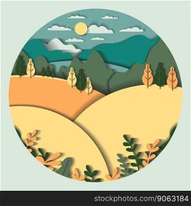 3d vector paper cut landscape with mountains, hills, field, tree, forest, lake, sky, clouds, sun. Cartoon illustration minimal handicraft style. Modern layout concept for background, poster, card