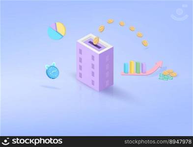 3D vector real estate buying. with the icon for business house financing. and clock alert 3d money saving to loan house. Residential building in the form of a piggy bank with coins. 3d render illustration.