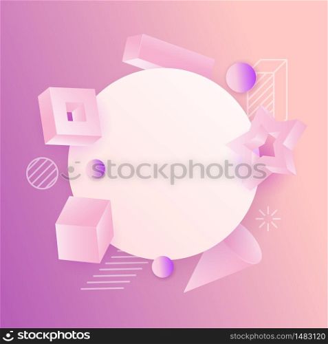 3d vector realistic primitives composition. Flying shapes in motion isolated on neon colored background with white template for text. Spheres, torus, tubes, cones in blue and pink colors. 3d vector realistic primitives composition.