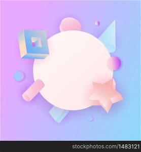 3d vector realistic primitives composition. Flying shapes in motion isolated on neon colored background with white template for text. Spheres, torus, tubes, cones in blue and pink colors. 3d vector realistic primitives composition.