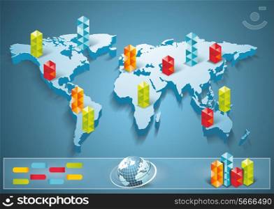 3d vector world map illustration with modern elements of info graphics.