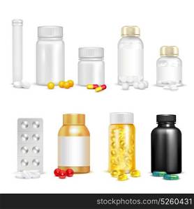 3D Vitamins And Packaging Set. 3D set of vitamins in pills and capsules in plastic containers and blister packaging isolated vector illustration