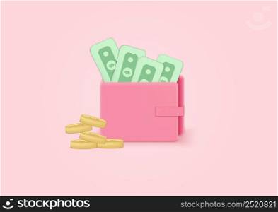 3d wallet, dollar bill and stack coins, on soft pink pastel background. Shopping online, sale, promotion, discount. Minimal cartoon icon. Vector illustration