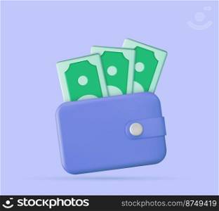 3d wallet with paper money icon, finance mobile app icon design template. Vector illustration. 3d wallet with paper money icon