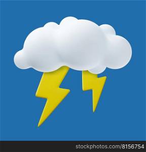 3d Weather icon Lightning. thunder cloud weather icon. Poster with white thundercloud, flash of lightning and thunder. 3d rendering. Vector illustration. Weather icon Lightning 3d