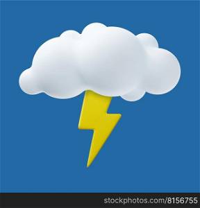 3d Weather icon Lightning. thunder cloud weather icon. Poster with white thundercloud, flash of lightning and thunder. 3d rendering. Vector illustration. Weather icon Lightning 3d