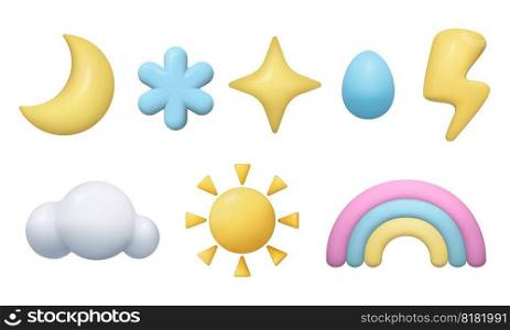 3d weather icons set. Sun, moon, cloud, rainbow, snowflake, raindrop, star and lightning bolt on white background. Realistic three dimensional clay weather design elements collection