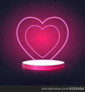 3D white and pink circle shape podium display with Neon hearts. Valentines banner for Wedding greeting card. Space for your design. Vector Illustration