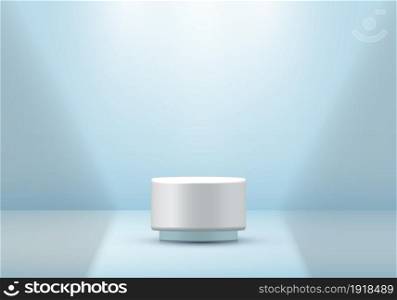 3D white cylinder pedestal in soft blue empty room with light and shadow background. You can use for products display presentation, cosmetic, Studio room, etc. Vector illustration