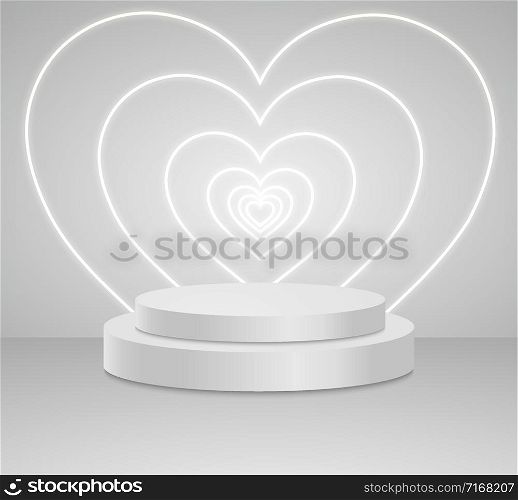 3d white cylinder podium minimal studio on neon heart background. Abstract 3d geometric shape object illustration render Display