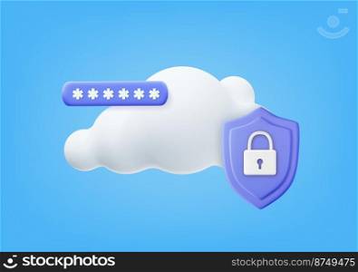 3d White fluffy cloud and locked padlock. Security concept. 3D rendering. Password protected icon for mobile applications and website concept. Vector illustration. White fluffy cloud and locked padlock