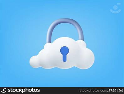 3d White fluffy cloud locker. Security concept. 3D rendering. Password protected icon for mobile applications and website concept. Vector illustration. White fluffy cloud locker