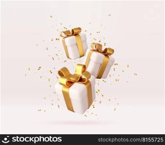 3d white gift boxes with golden ribbon and bow and sequins confetti. Birthday celebration concept. Merry New Year and Merry Christmas gift boxes with golden bows. 3d rendering. Vector illustration. 3d white gift boxes