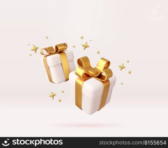 3d white gift boxes with golden ribbon and bow. Birthday celebration concept. Merry New Year and Merry Christmas 2023 white gift boxes with golden bows. 3d rendering. Vector illustration. 3d white gift boxes