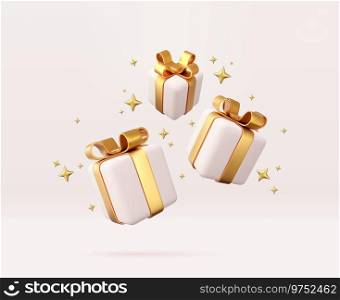 3d white gift boxes with golden ribbon and bow. Birthday celebration concept. Merry New Year and Merry Christmas white gift boxes with golden bows. 3d rendering. Vector illustration. 3d white gift boxes