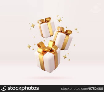 3d white gift boxes with golden ribbon and bow. Birthday celebration concept. Merry New Year and Merry Christmas white gift boxes with golden bows. 3d rendering. Vector illustration. 3d white gift boxes