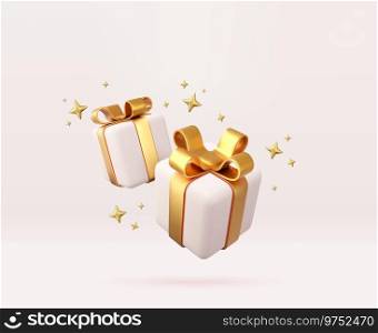 3d white gift boxes with golden ribbon and bow. Birthday celebration concept. Merry New Year and Merry Christmas 2024 white gift boxes with golden bows. 3d rendering. Vector illustration. 3d white gift boxes