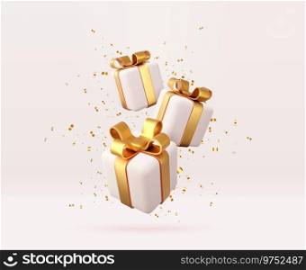 3d white gift boxes with golden ribbon and bow. Birthday celebration concept. Merry New Year and Merry Christmas white gift boxes with golden bows. 3d rendering. Vector illustration. 3d white gift boxes